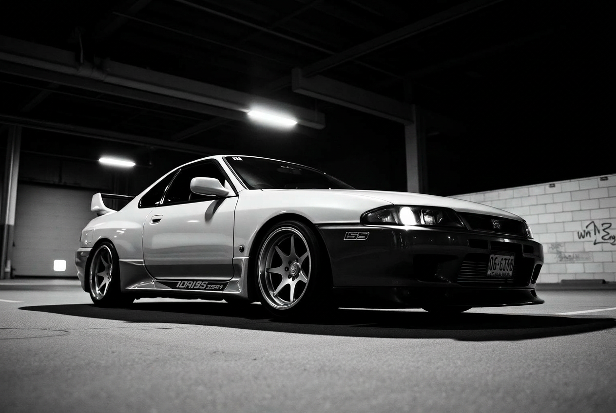 Lowered modified sports car in industrial garage