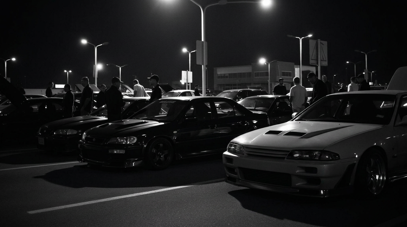 Late night car meet under streetlights