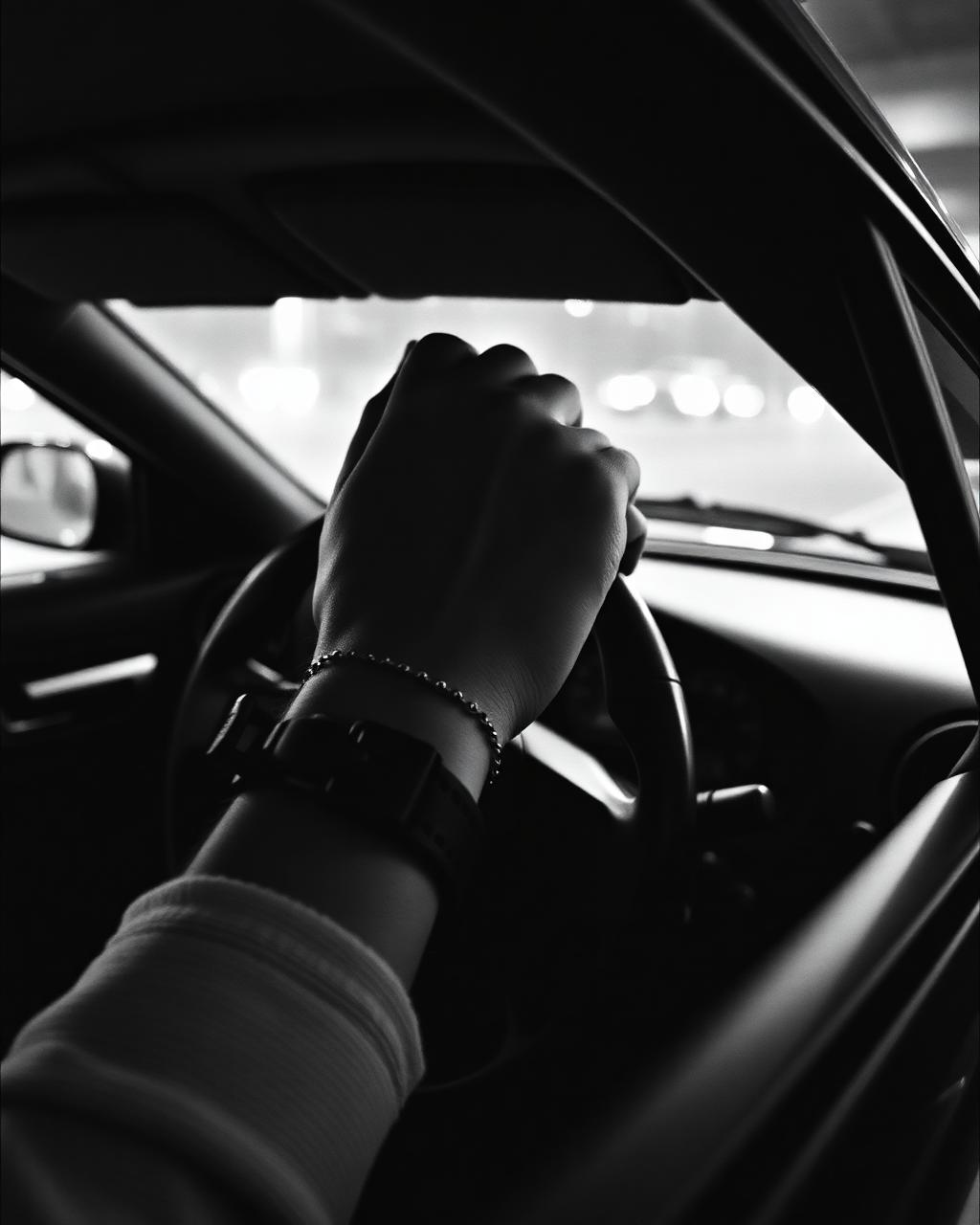 Hand on steering wheel wearing NDNP bracelet
